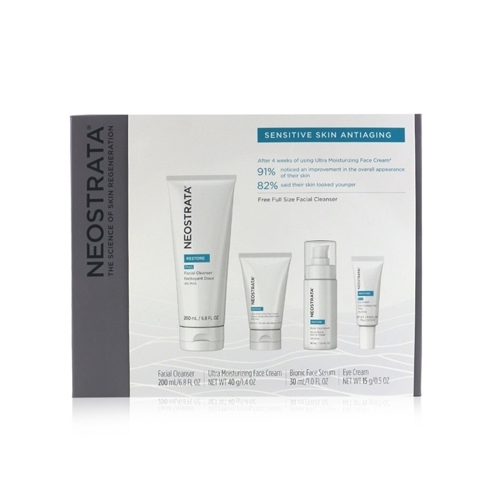 Neostrata Sensitive Skin Antiaging Kit: Restore Cleanser Restore Face Cream Restore Face Serum Restore Eye Cream 4pcs