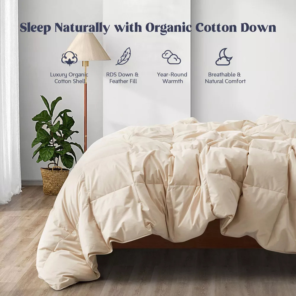 Ultra Soft All Season Organic Cotton Goose Feather Fiber Down Comforter - Medium Warm Quilted Bed Comforter With Corner Tabs - Full/Queen