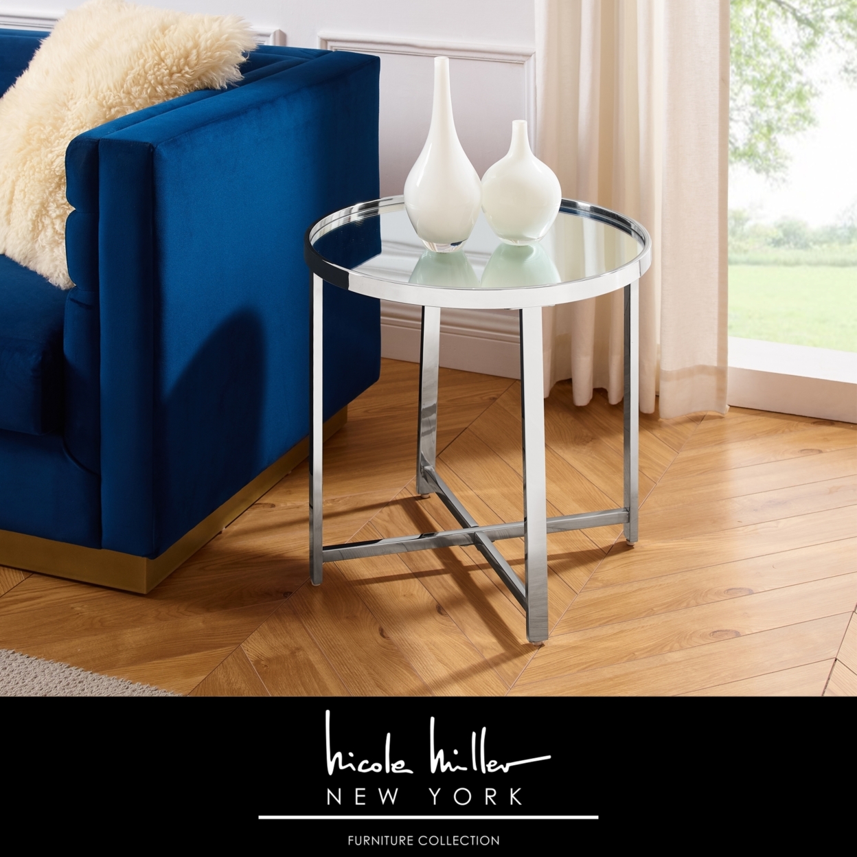 Clarity Table - Mirrored Top, Cross Legs Design, Open Geometric Base - End Table, Chrome