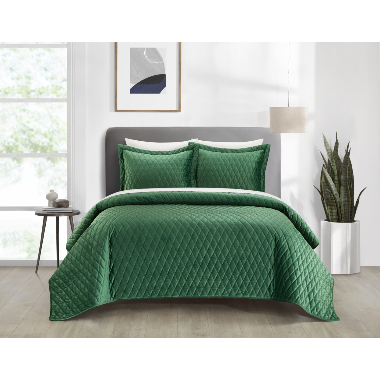 NY&C Home Dafa 3 Piece Velvet Quilt Set Diamond Stitched Pattern Bedding - Green, King