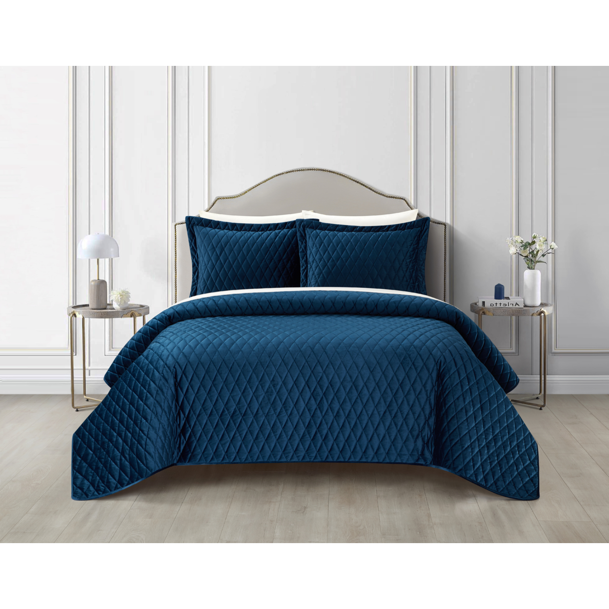 NY&C Home Dafa 3 Piece Velvet Quilt Set Diamond Stitched Pattern Bedding - Blue, Queen