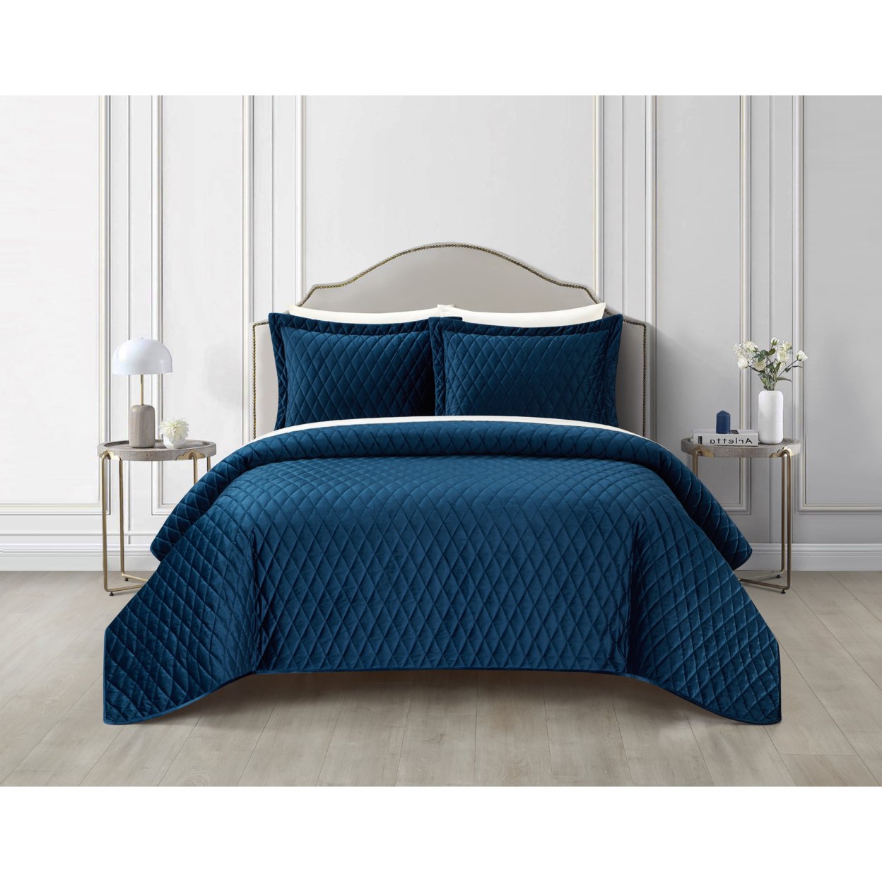 NY&C Home Dafa 3 Piece Velvet Quilt Set Diamond Stitched Pattern Bedding - Blue, King