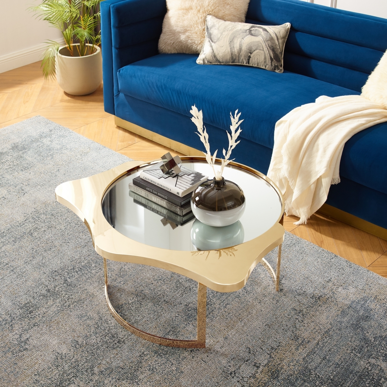 Caris Coffee Table - Mirrored Top, Abstract Shape, Open Rounded Frame - Gold