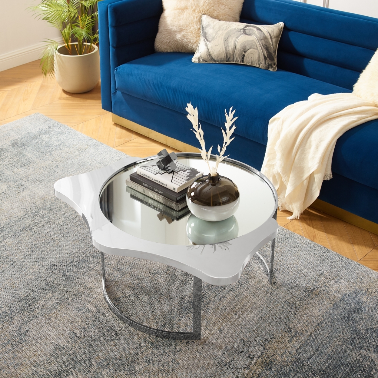 Caris Coffee Table - Mirrored Top, Abstract Shape, Open Rounded Frame - Chrome