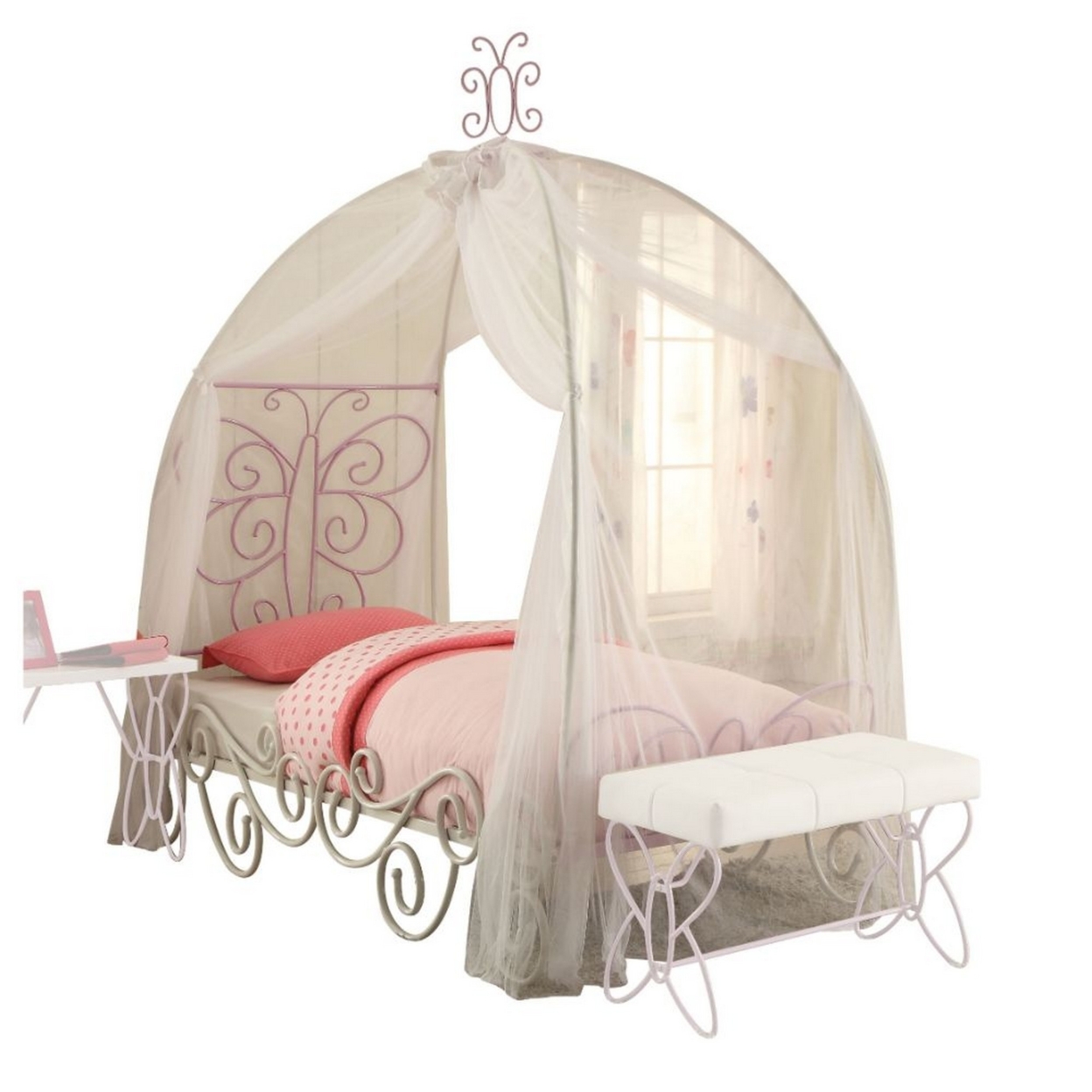 Angel Full Bed With Canopy, White & Purple- Saltoro Sherpi
