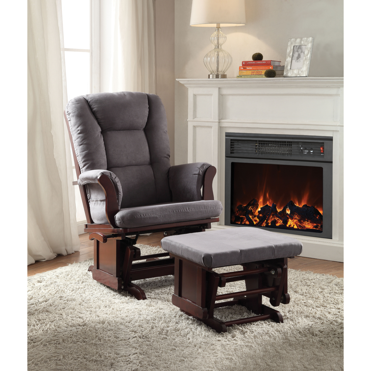 Aeron Glider Chair & Ottoman, 2 Piece Pack Gray & Brown- Saltoro Sherpi