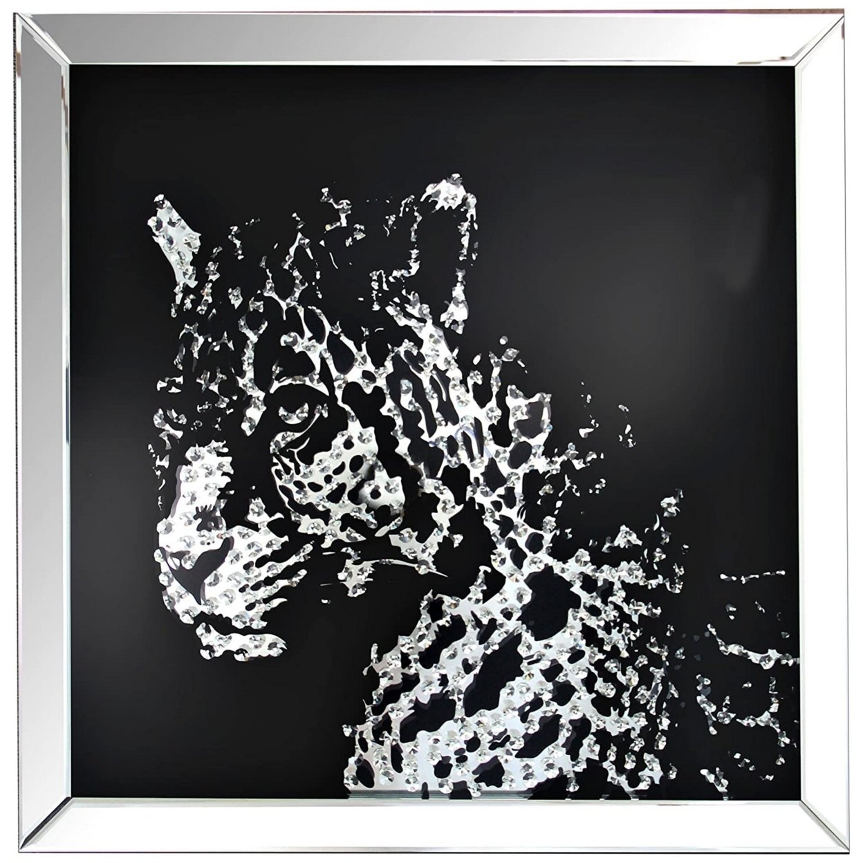 Square Shape Mirror Framed Leopard Wall D???cor With Crystal Inlays, Black & Silver- Saltoro Sherpi
