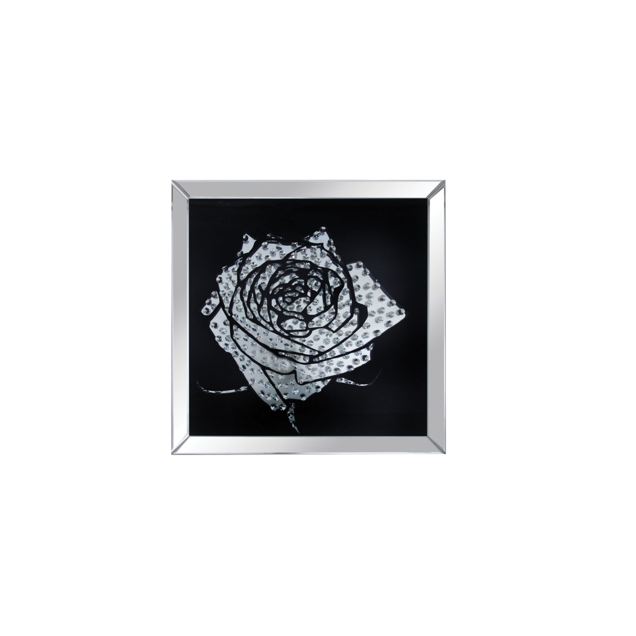 Square Shape Mirror Framed Rose Wall Decor With Crystal Inlays, Black & Silver- Saltoro Sherpi