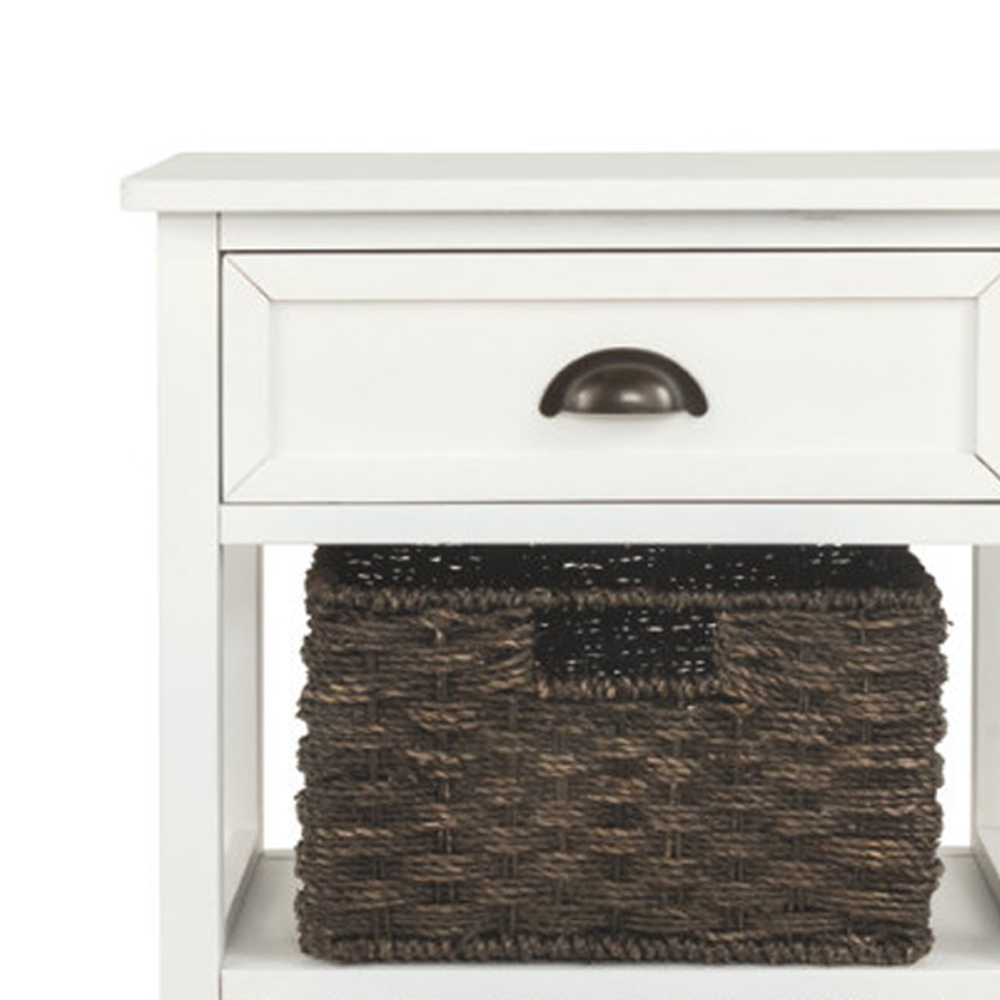 Cottage Style Wooden Accent Table With Two Woven Storage Baskets, White And Brown- Saltoro Sherpi