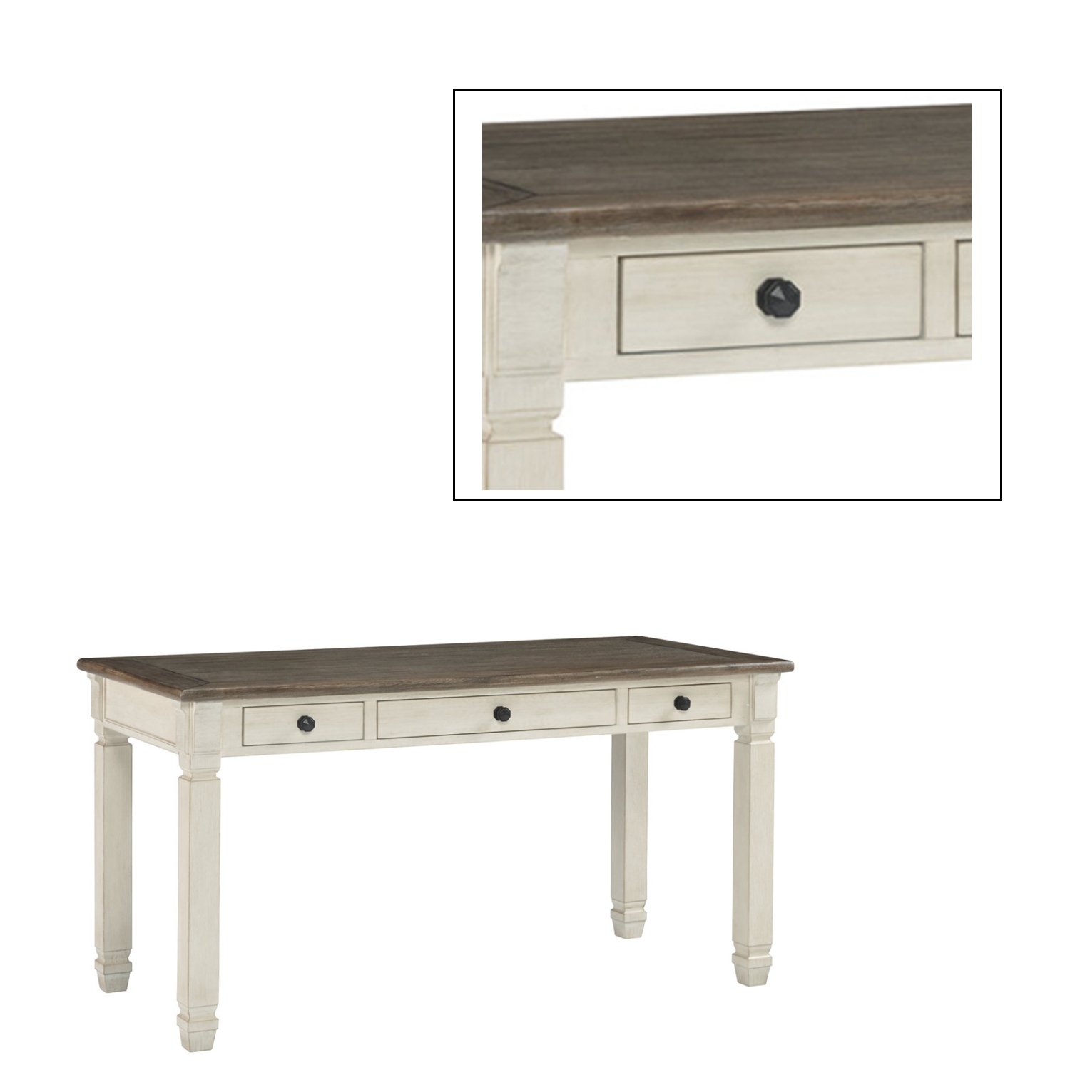 Three Drawer Wooden Desk With Plank Style Top, Brown And White- Saltoro Sherpi