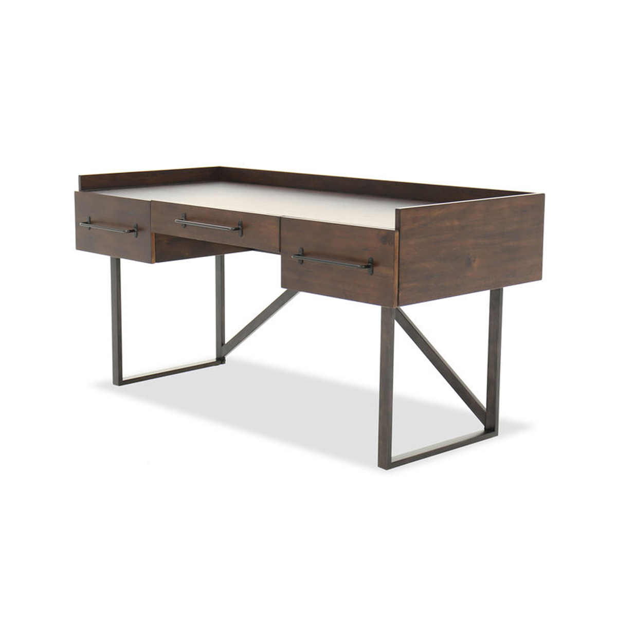 Three Drawers Wooden Desk With Tubular Metal Base And Bar Handles, Brown And Black- Saltoro Sherpi