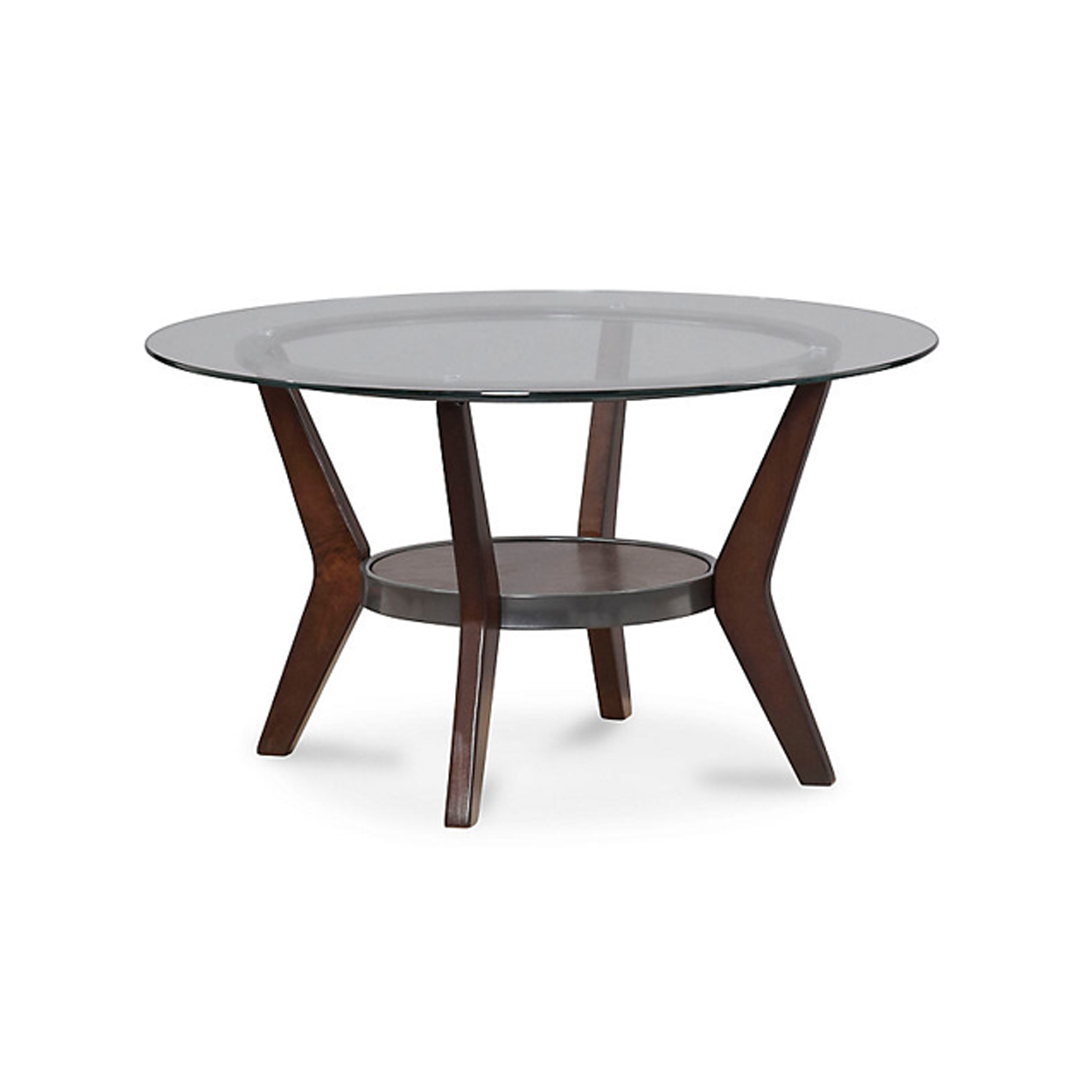 Round Wooden Table Set With Glass Top And Lower Shelf, Set Of Three, Brown And Clear- Saltoro Sherpi