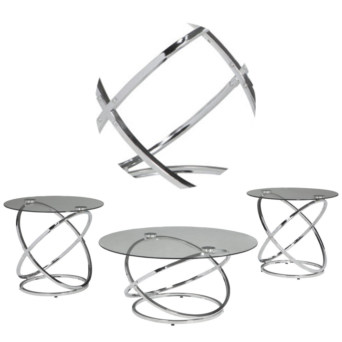 Contemporary Glass Top Table Set With Metal Rings Base, Clear And Silver- Saltoro Sherpi