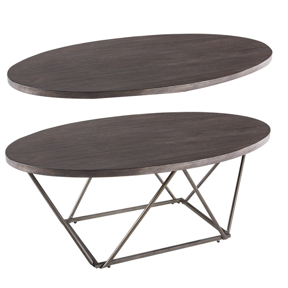 Elm Wood Table Set With Bridge Truss Metal Base, Set Of Three, Brown And Gray- Saltoro Sherpi