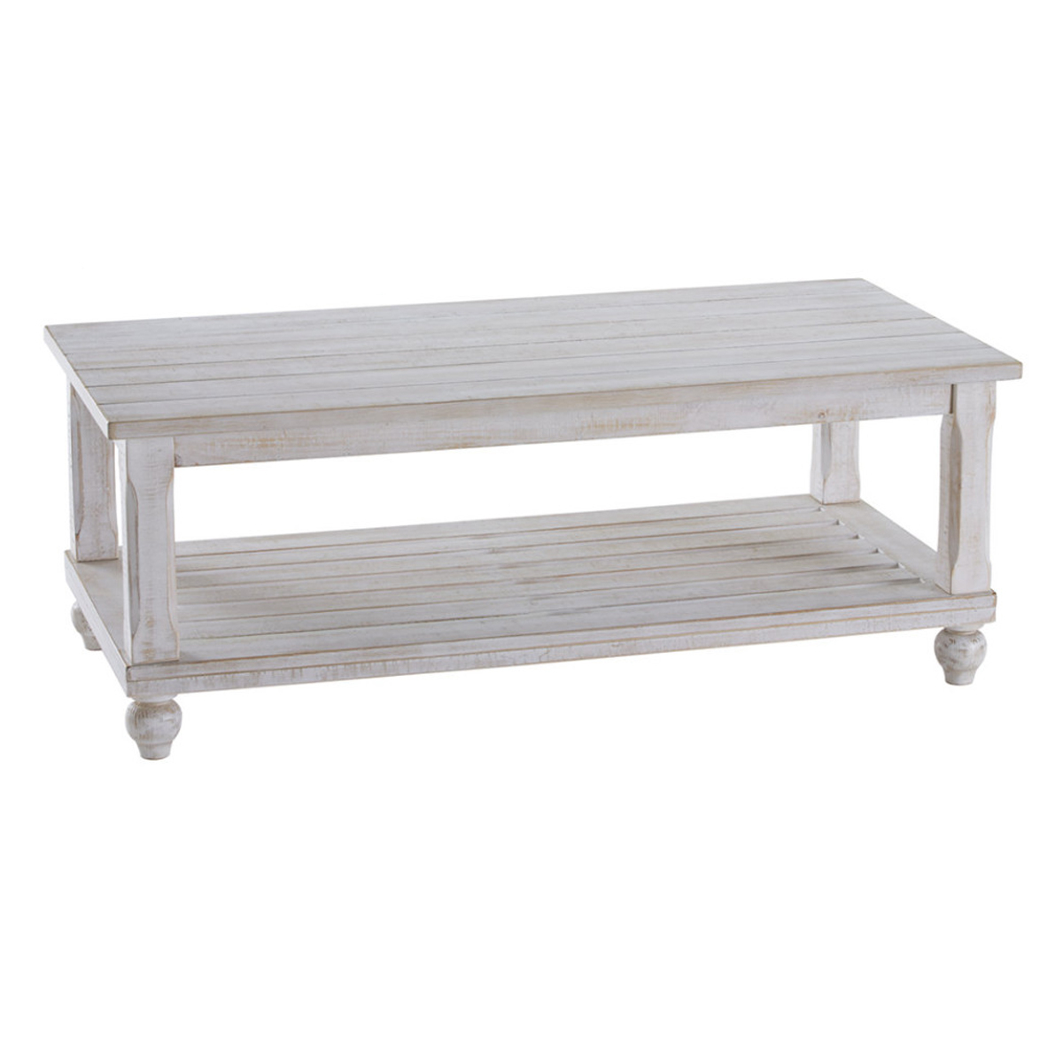 Plank Style Wooden Table Set With Slatted Lower Shelf And Bun Feet, Set Of Three, White- Saltoro Sherpi