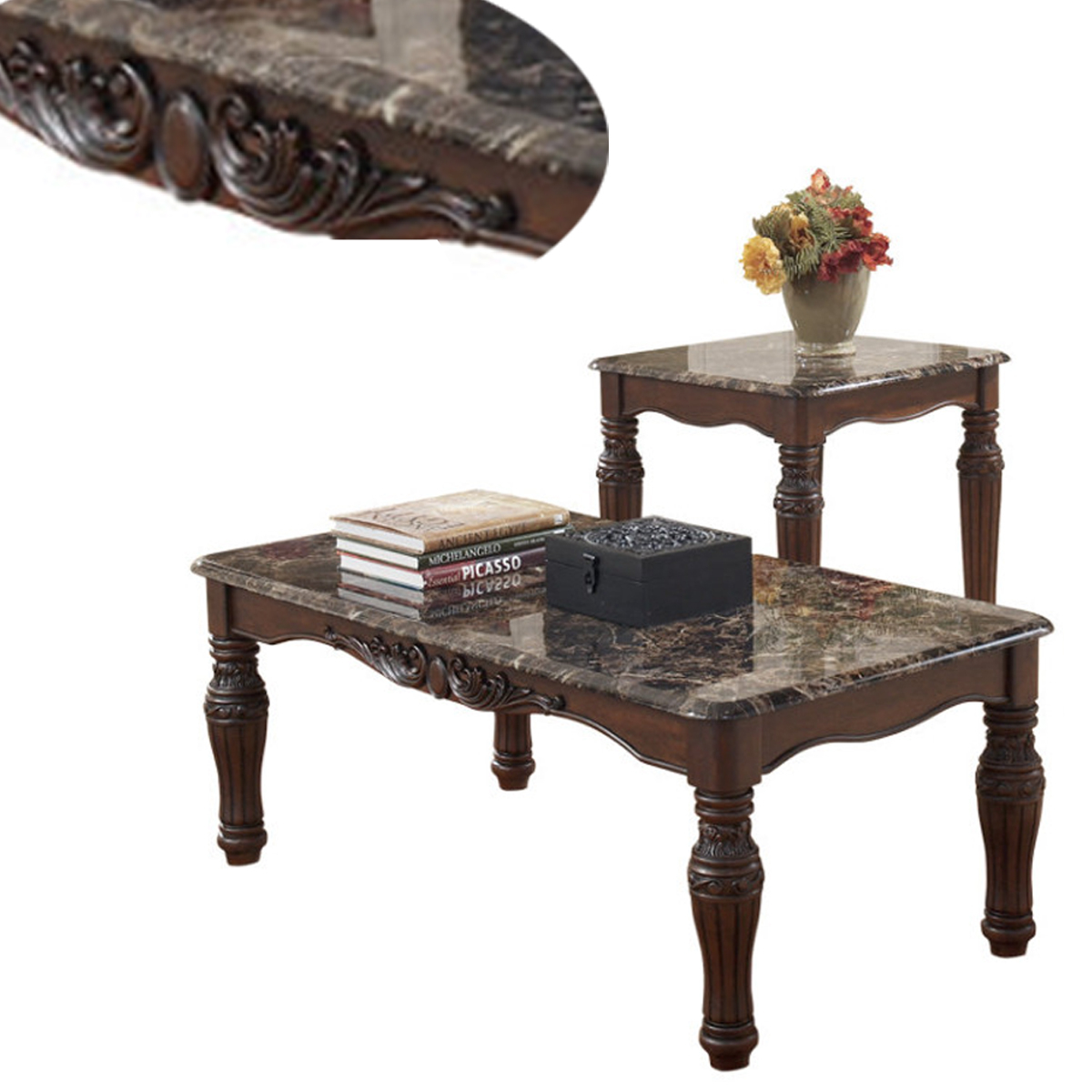 Traditional Style Wooden Table Set With Turned Legs And Faux Marble Top, Set Of Three, Dark Brown- Saltoro Sherpi