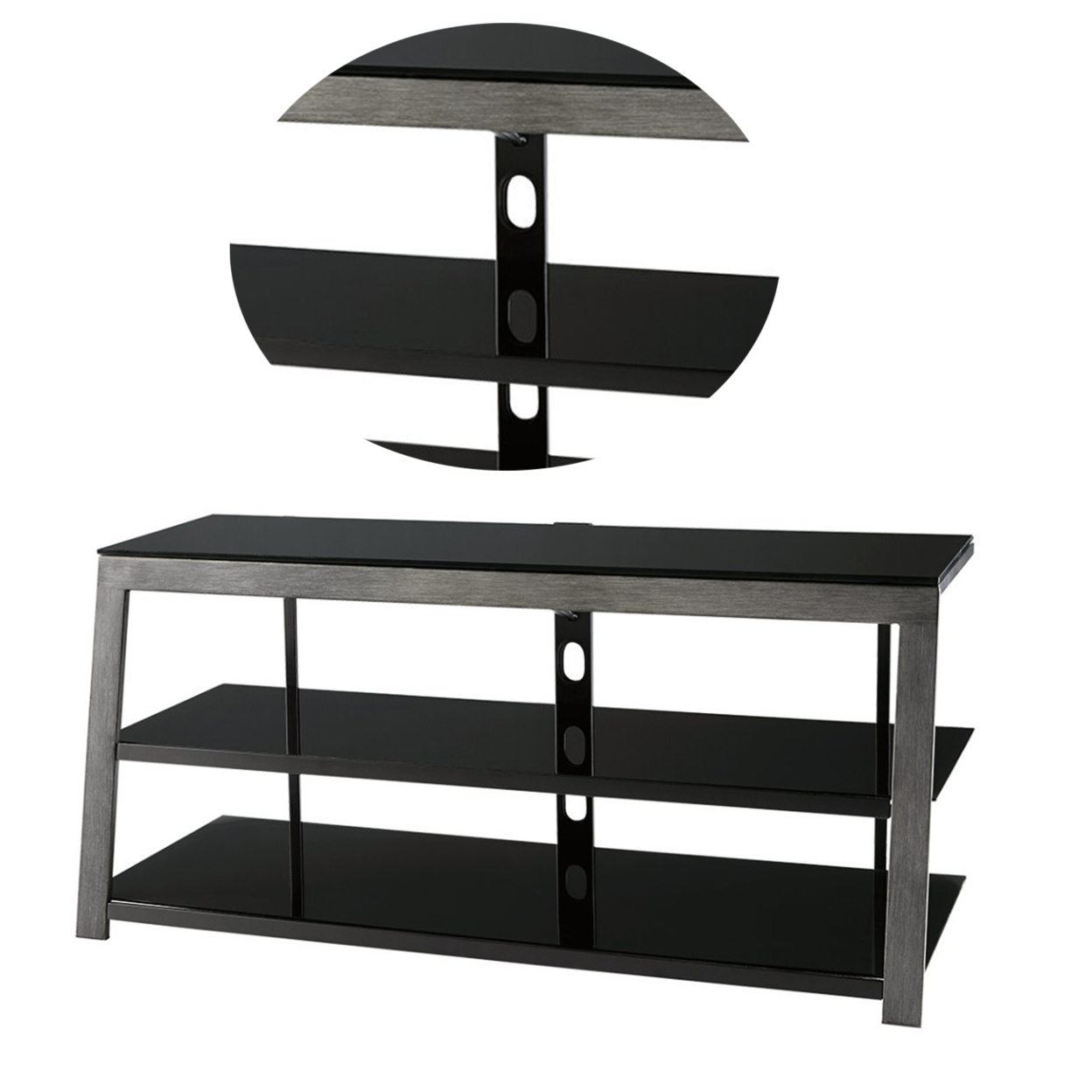 Metal Framed TV Stand With Tempered Glass Shelves And Top, Black And Gray- Saltoro Sherpi