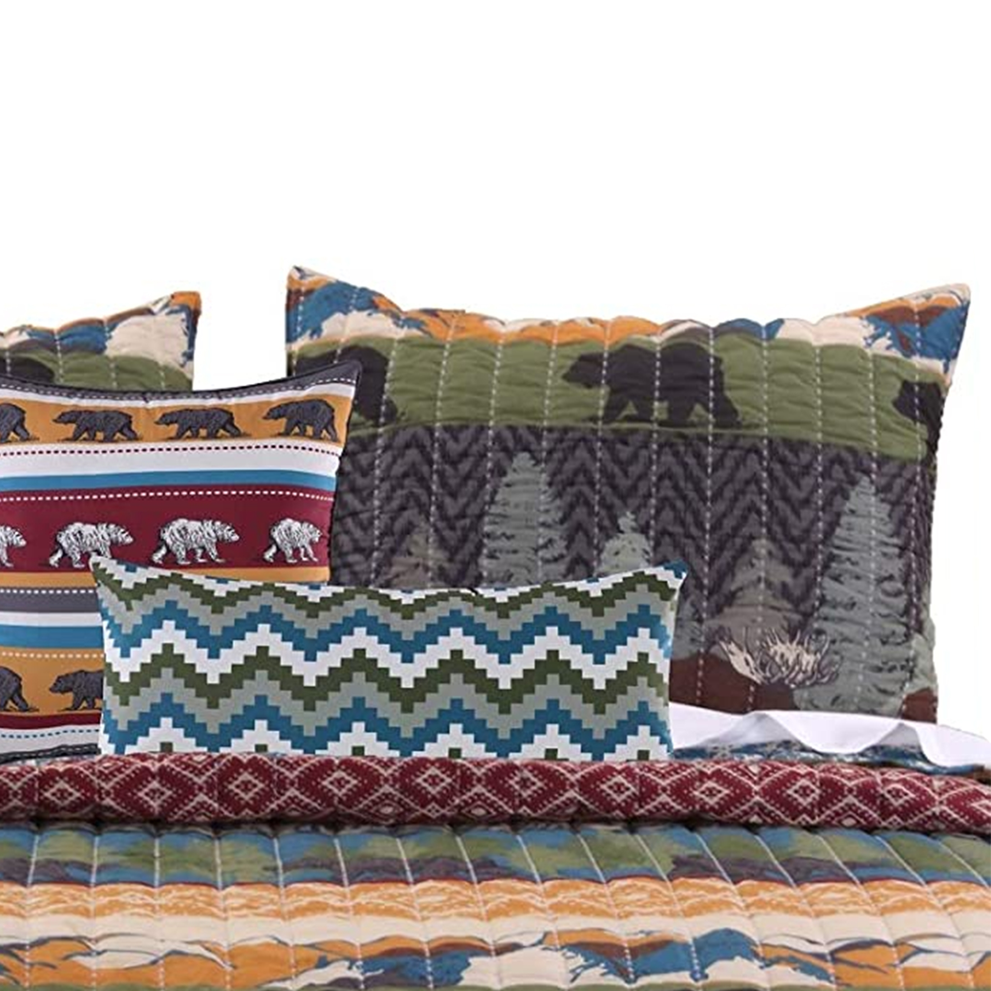 4 Piece Twin Size Quilt Set With Nature Inspired Print, Multicolor- Saltoro Sherpi