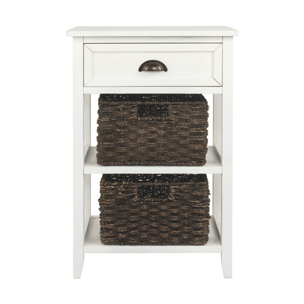 Cottage Style Wooden Accent Table With Two Woven Storage Baskets, White And Brown- Saltoro Sherpi