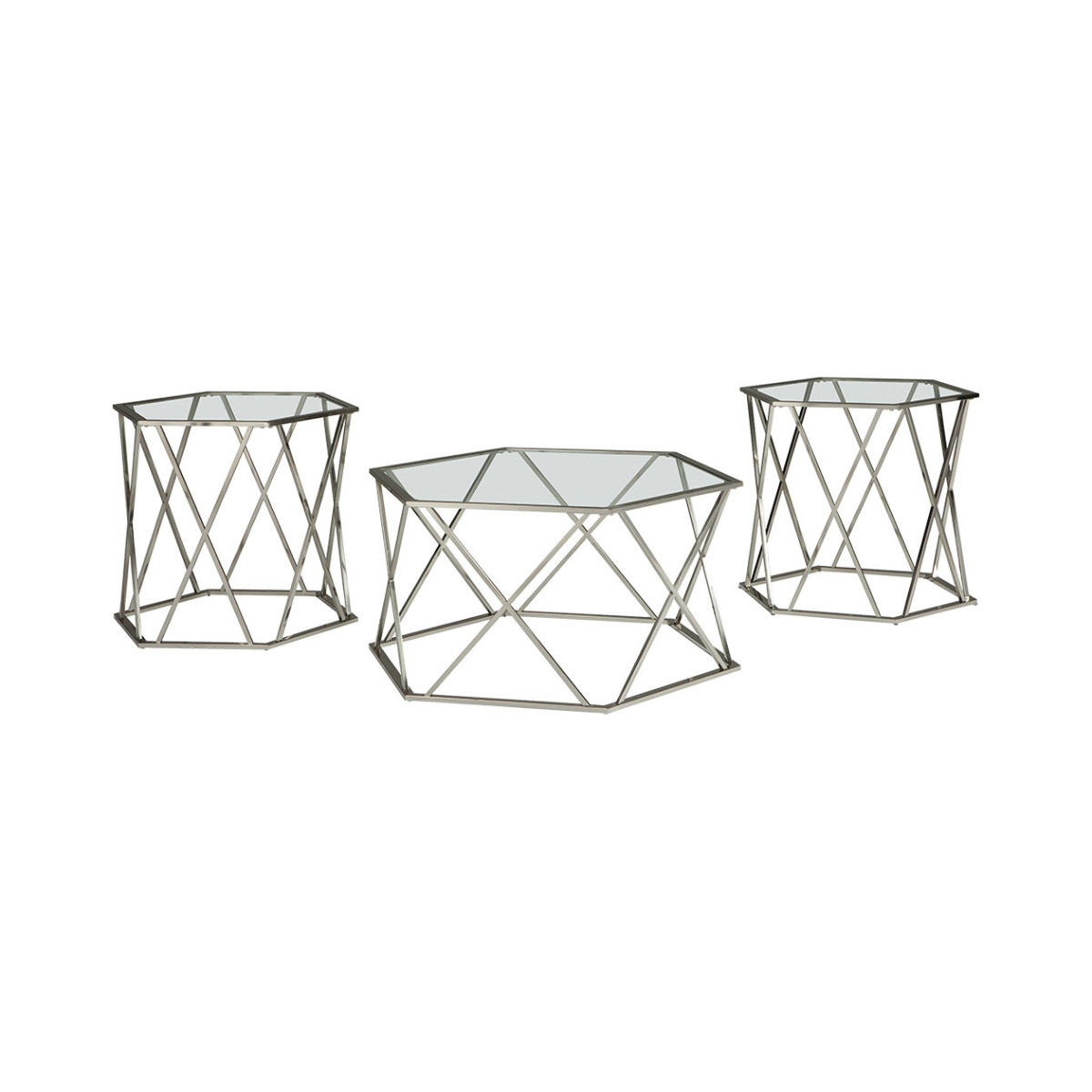 Hexagonal Design Metal Framed Table Set With Inserted Glass Top, Set Of Three, Silver And Clear- Saltoro Sherpi