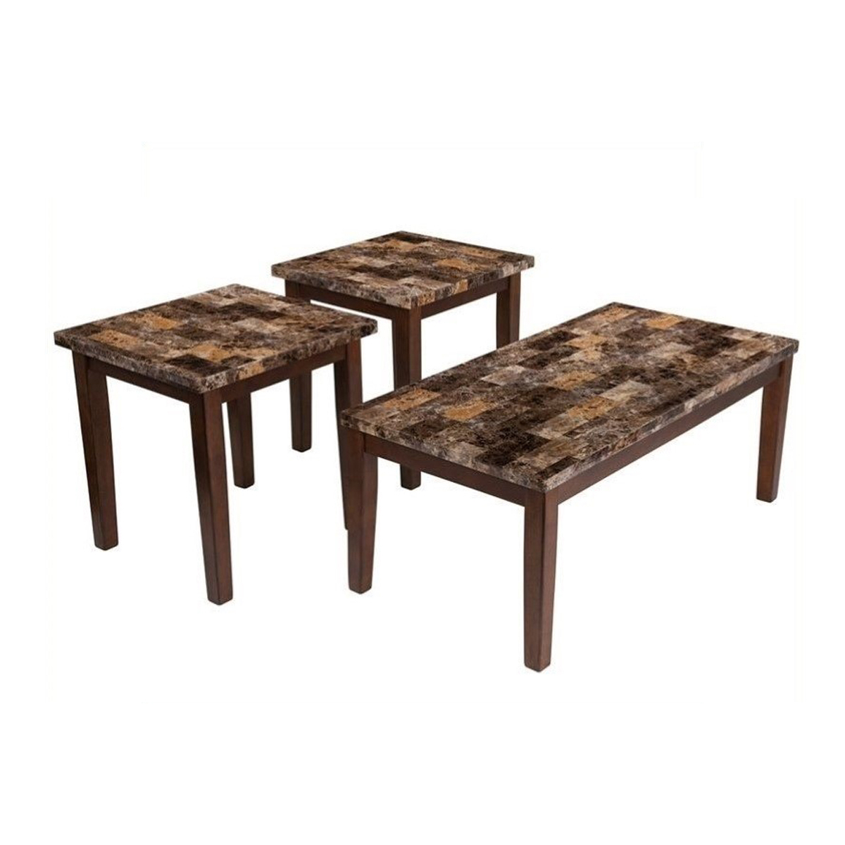 Rustic Style Faux Marble Top Table Set With Tapered Wooden Legs, Set Of Three, Brown- Saltoro Sherpi