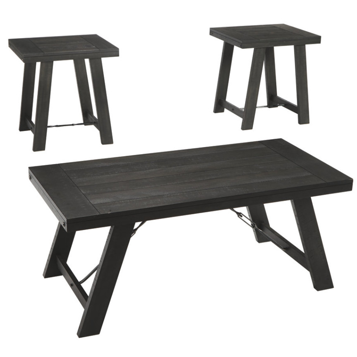 Plank Style Acacia Wood Table Set With Canted Legs, Set Of Three, Black- Saltoro Sherpi