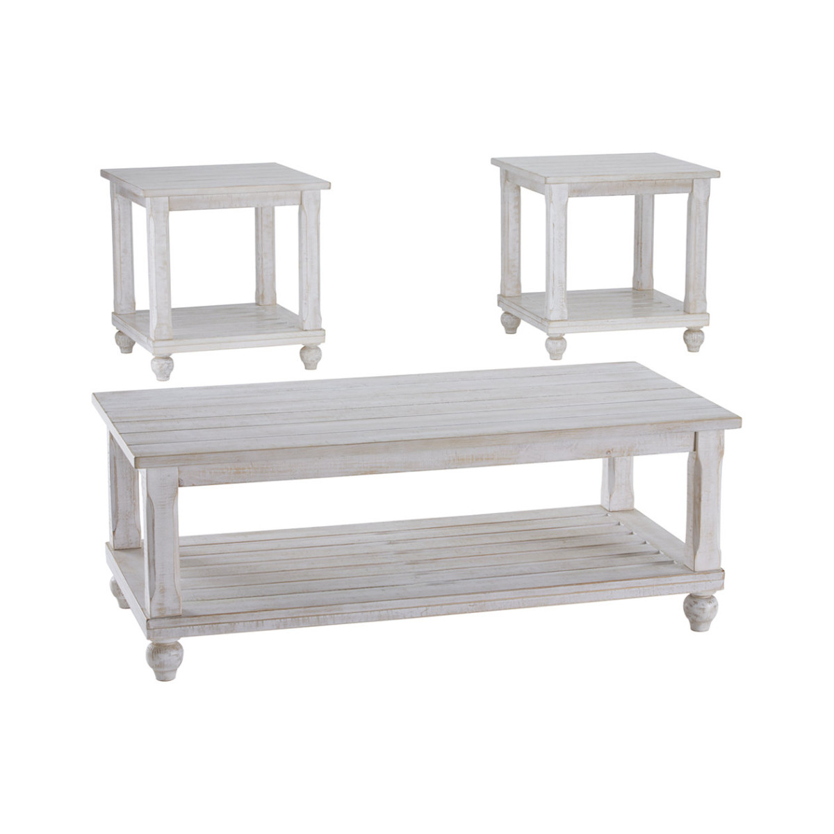 Plank Style Wooden Table Set With Slatted Lower Shelf And Bun Feet, Set Of Three, White- Saltoro Sherpi