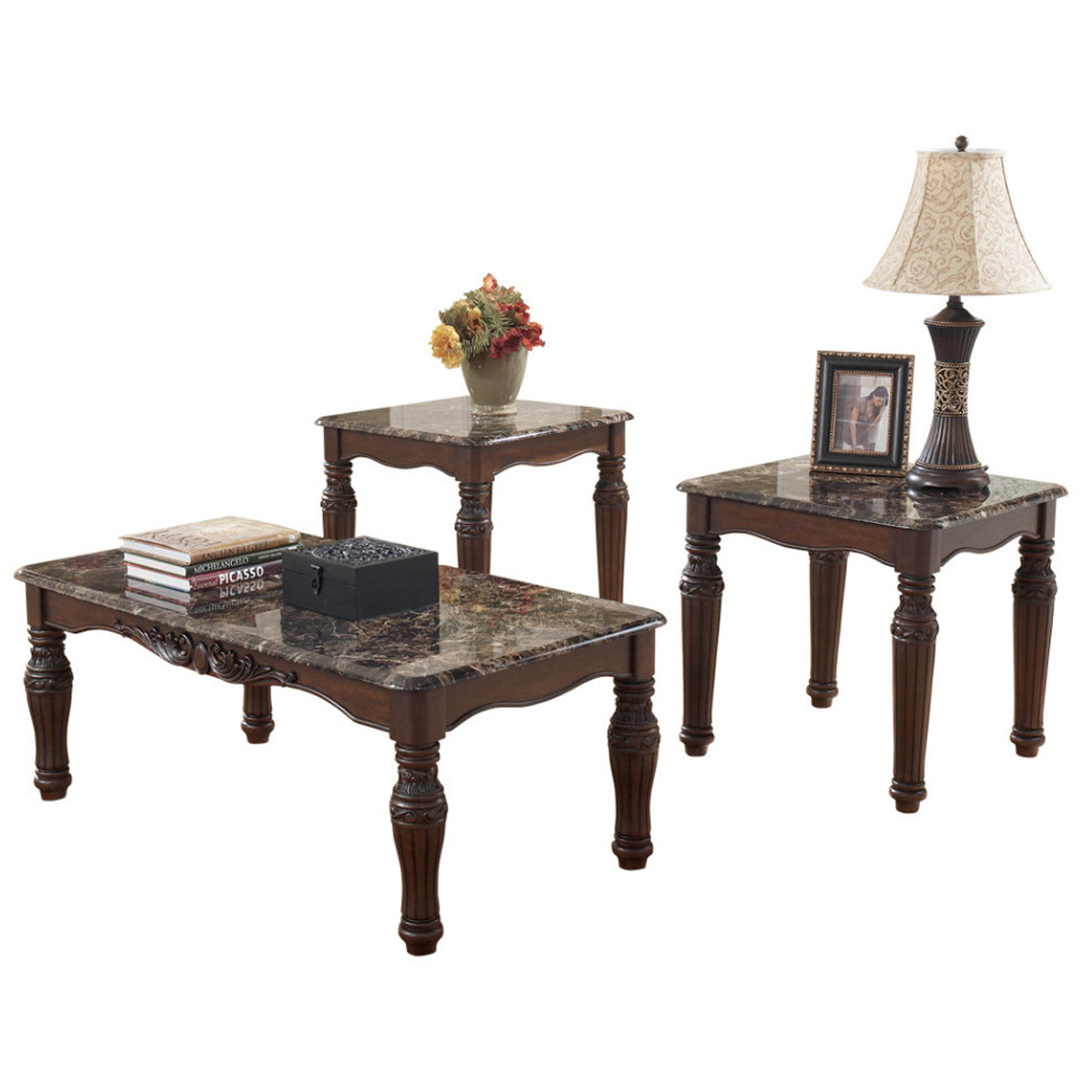 Traditional Style Wooden Table Set With Turned Legs And Faux Marble Top, Set Of Three, Dark Brown- Saltoro Sherpi