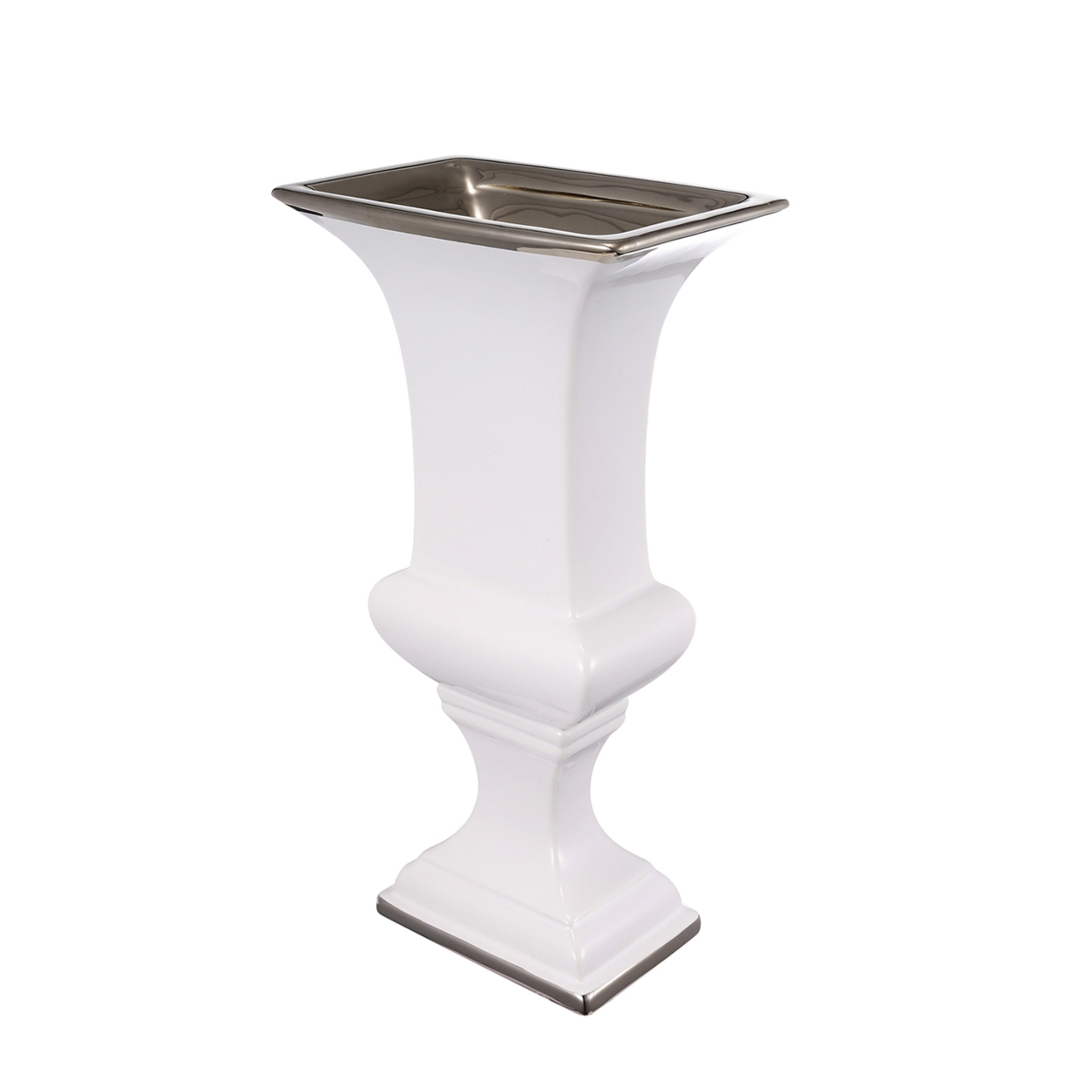 Ceramic Decorative Urn With Rectangular Opening, Small, White & Silver- Saltoro Sherpi