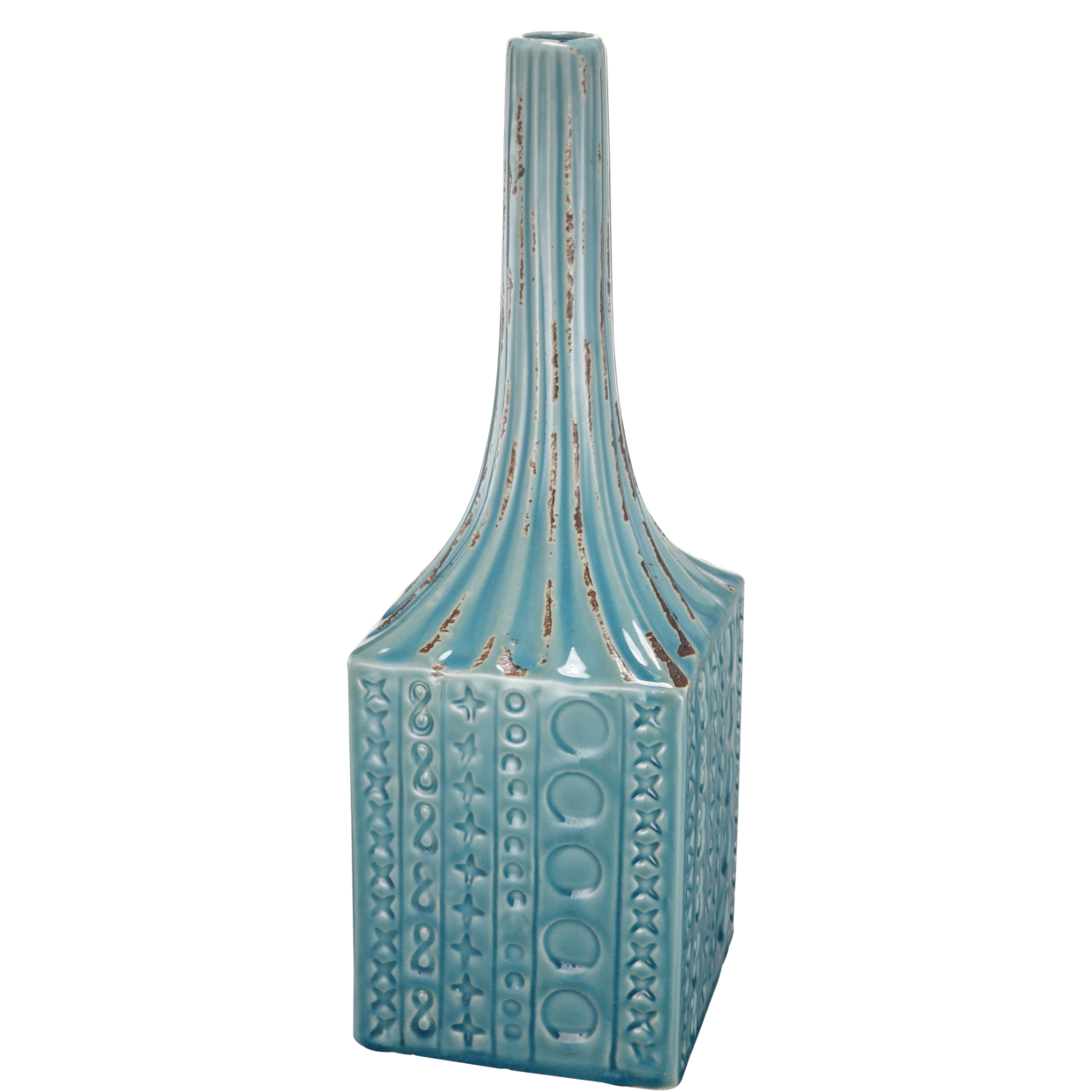 Patterned Ceramic Garden Vase With Elongated Top, Blue- Saltoro Sherpi