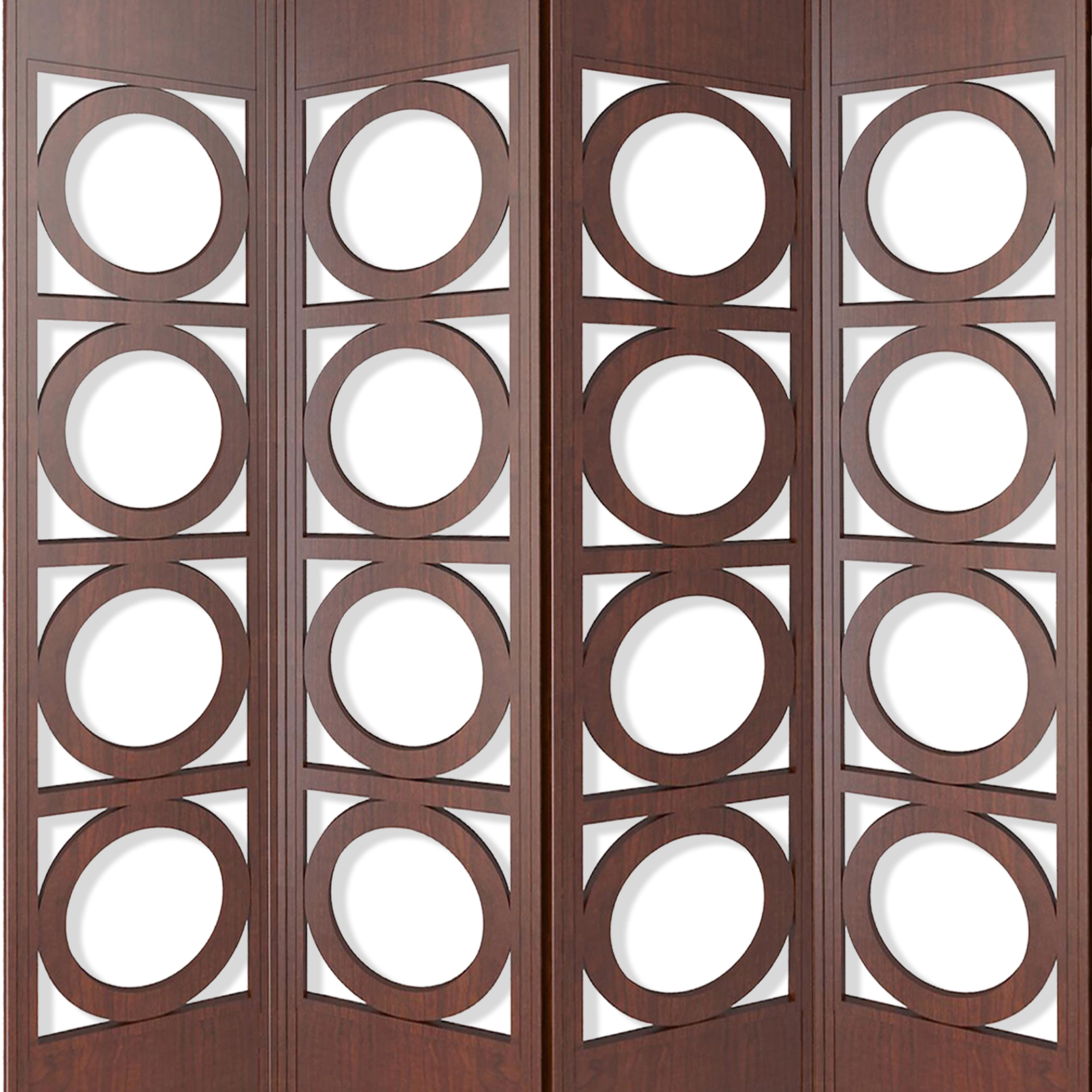 Transitional 4 Panel Wood Screen With Abstract Circular Design, Brown- Saltoro Sherpi