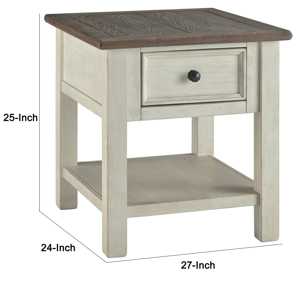 End Table With Plank Top And A Gliding Drawer, Cream And Brown- Saltoro Sherpi