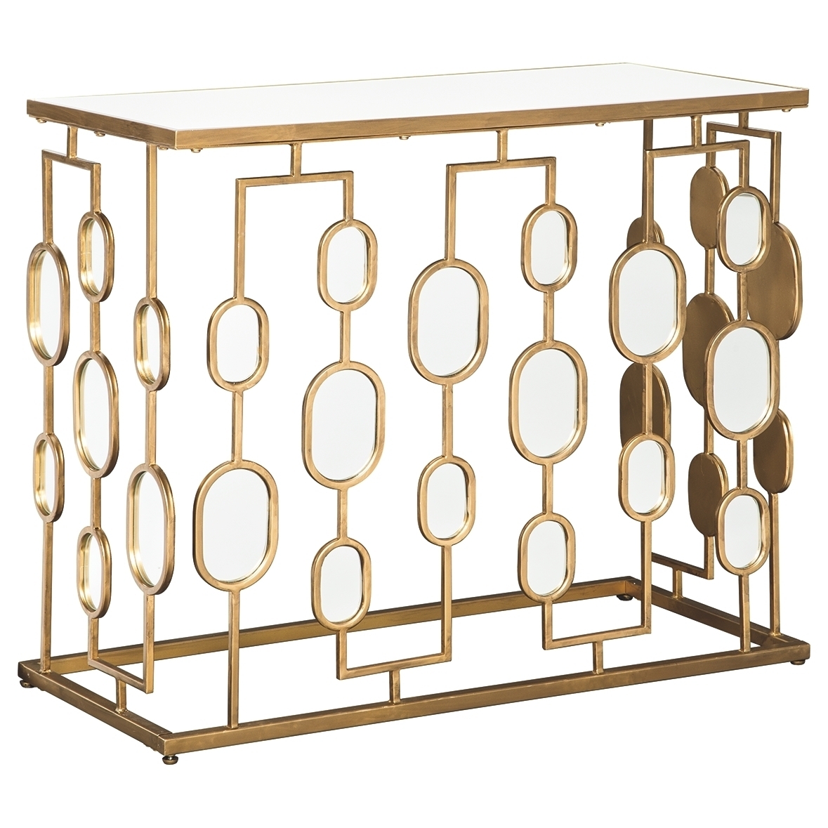 Metal And Glass Console Table With Oval Mirror Accents, Gold- Saltoro Sherpi