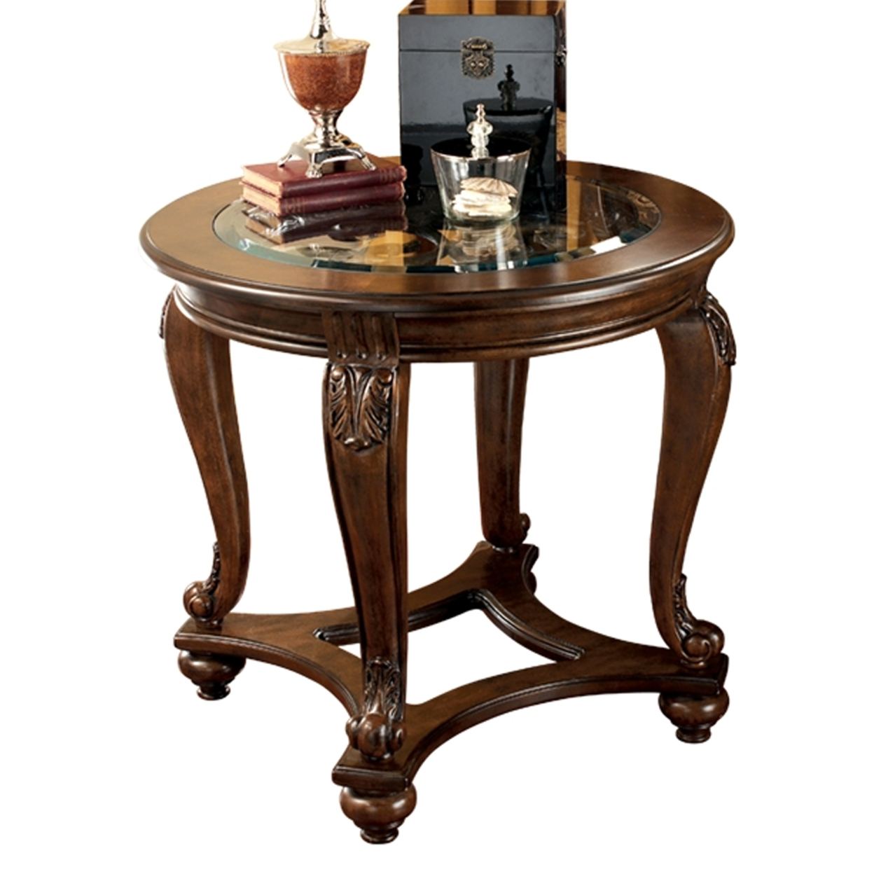 Wooden Round End Table With Cabriole Legs And Glass Top, Brown- Saltoro Sherpi
