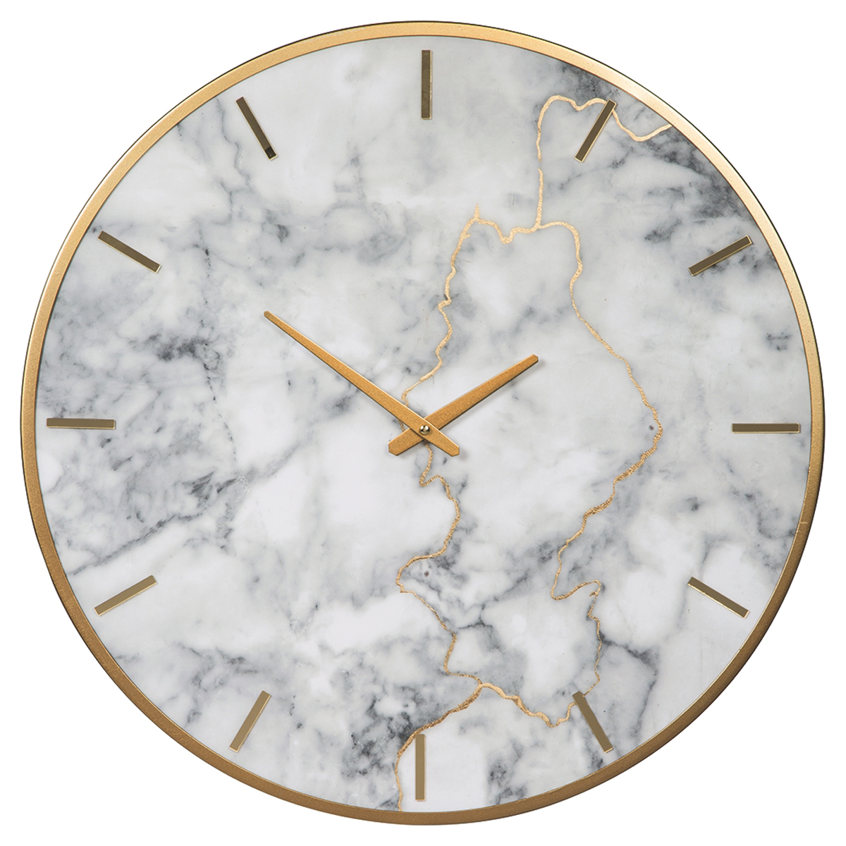 Round Metal Wall Clock With Faux Marble Background, Gold And White- Saltoro Sherpi