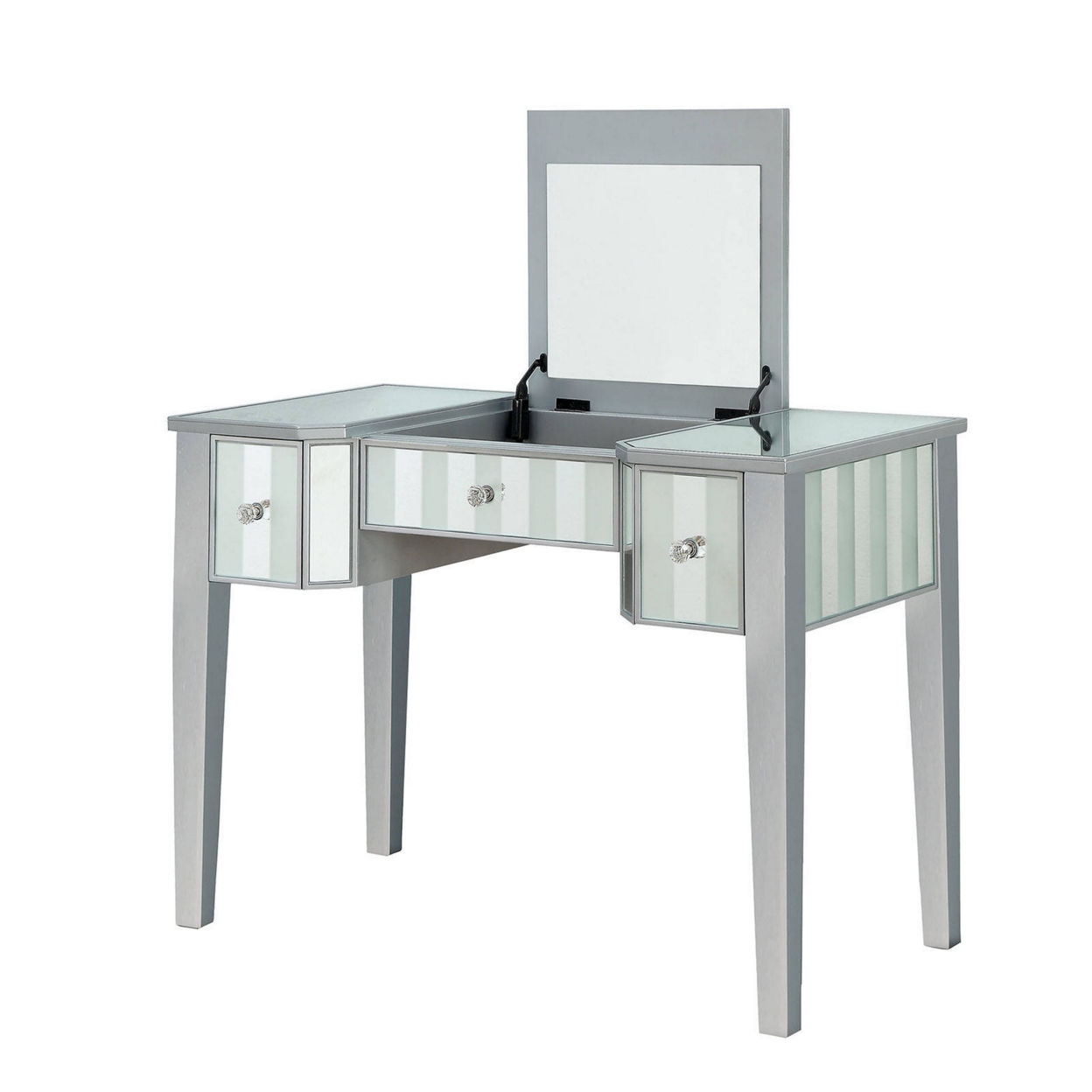 Wooden Vanity Set With Stool And Mirror Panel Inserts, Gray And Silver- Saltoro Sherpi
