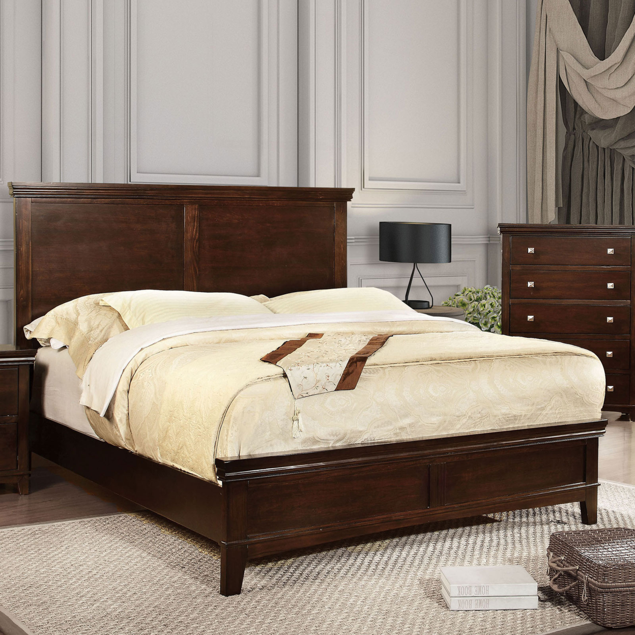 Transitional Full Bed With Panel Headboard And Footboard, Cherry Brown- Saltoro Sherpi
