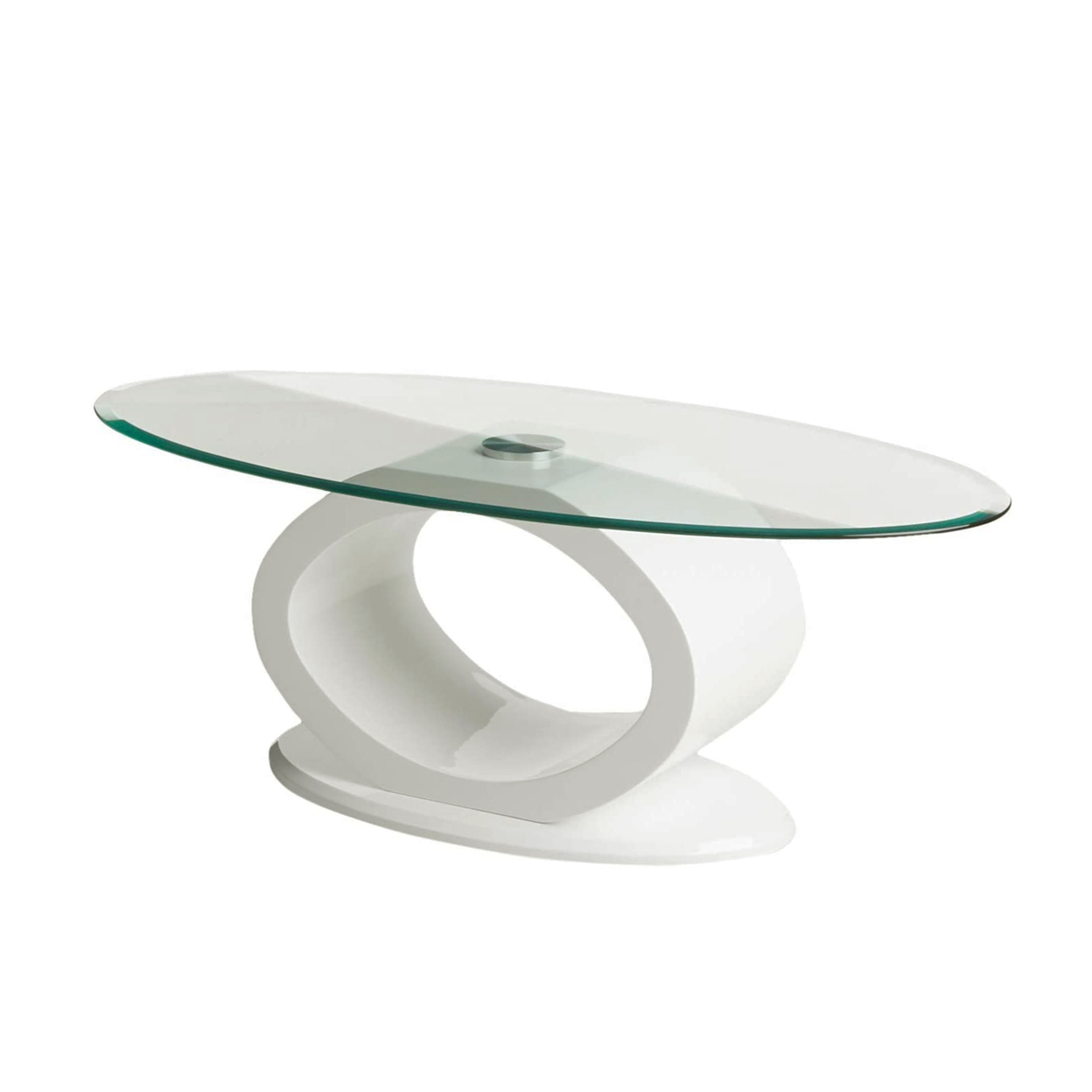 Contemporary Tempered Glass Top Coffee Table With O Shape Base, White- Saltoro Sherpi