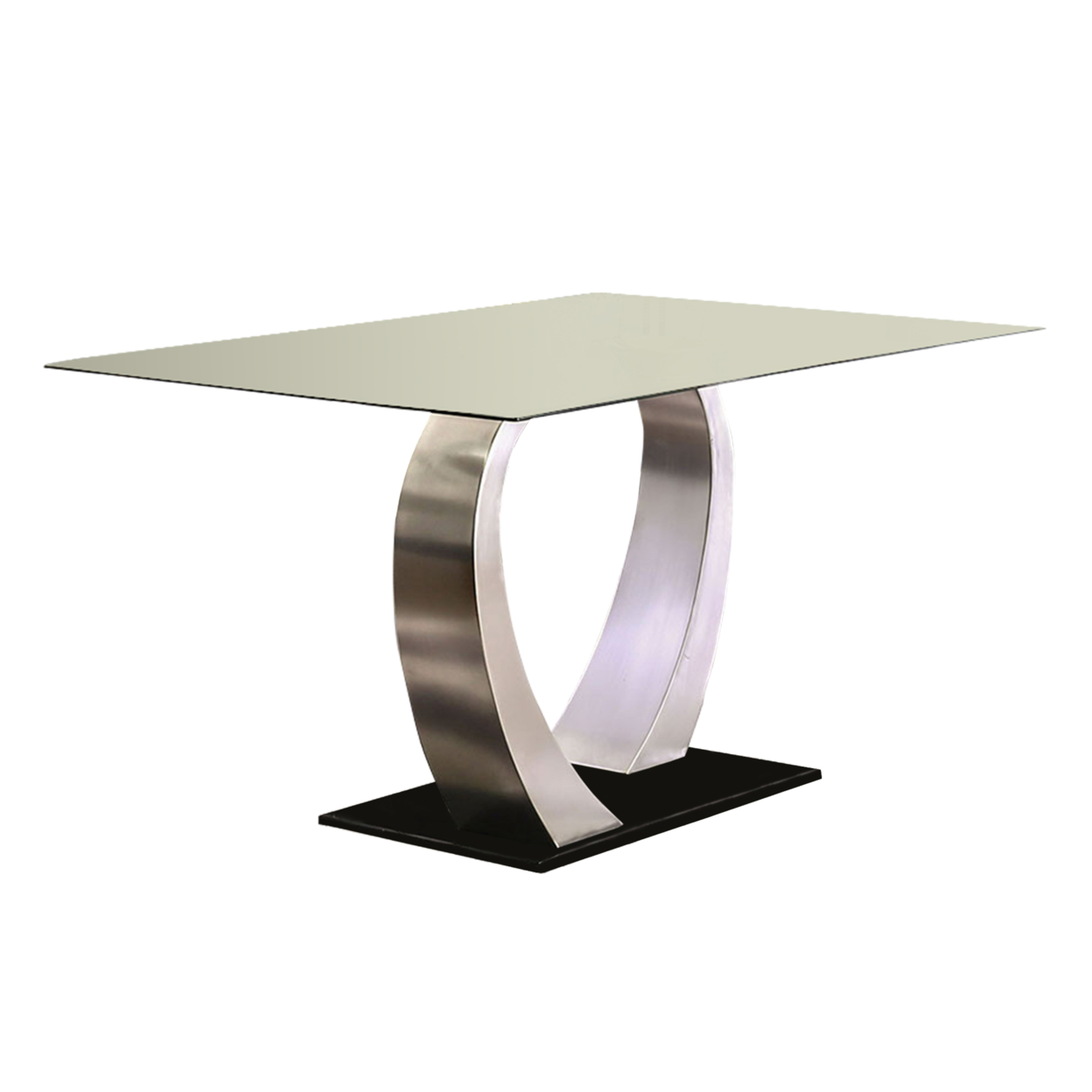 Contemporary Dining Table With Tapering Elliptical Support,Silver And Clear- Saltoro Sherpi