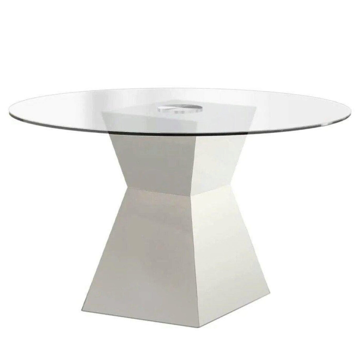 Contemporary Round Glass Dining Table With Square Pedestal Base, White- Saltoro Sherpi