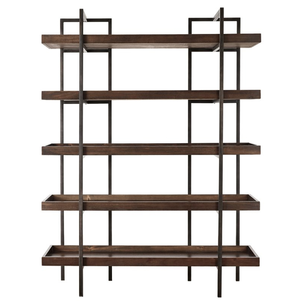 Bookcase With 5 Fixed Wooden Shelves And Metal Frame, Brown And Black- Saltoro Sherpi