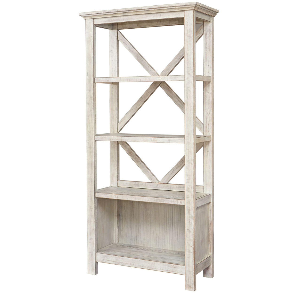 X Shape Back Bookcase With 3 Open Shelves And 1 Open Compartment, White- Saltoro Sherpi