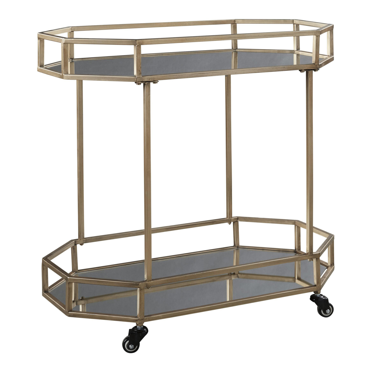 Octagonal Metal Bar Cart With Mirrored Top And Bottom, Silver And Gold- Saltoro Sherpi