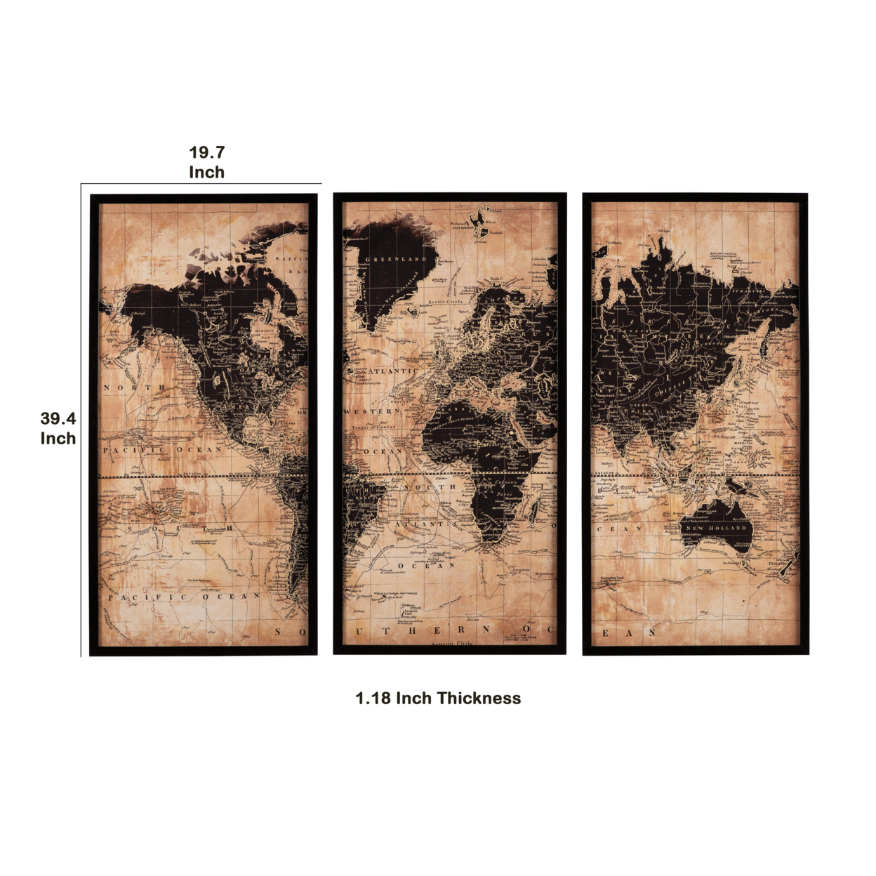 3 Piece Gallery Wrapped Wall Art Depicting World Map, Brown And Black- Saltoro Sherpi
