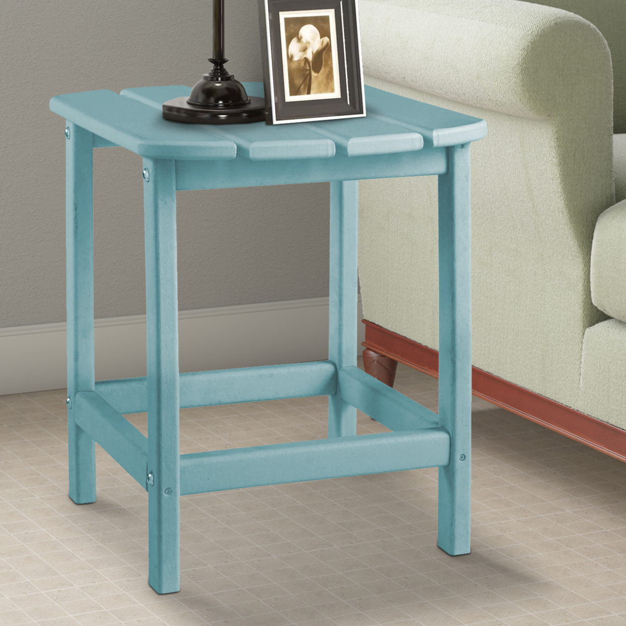 Slatted Rectangular Hard Plastic End Table With Straight Legs, Blue- Saltoro Sherpi