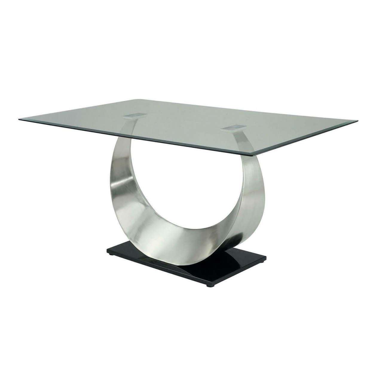 Metal And Glass Dining Table With Unique U Shape Pedestal Base, Chrome And Black- Saltoro Sherpi
