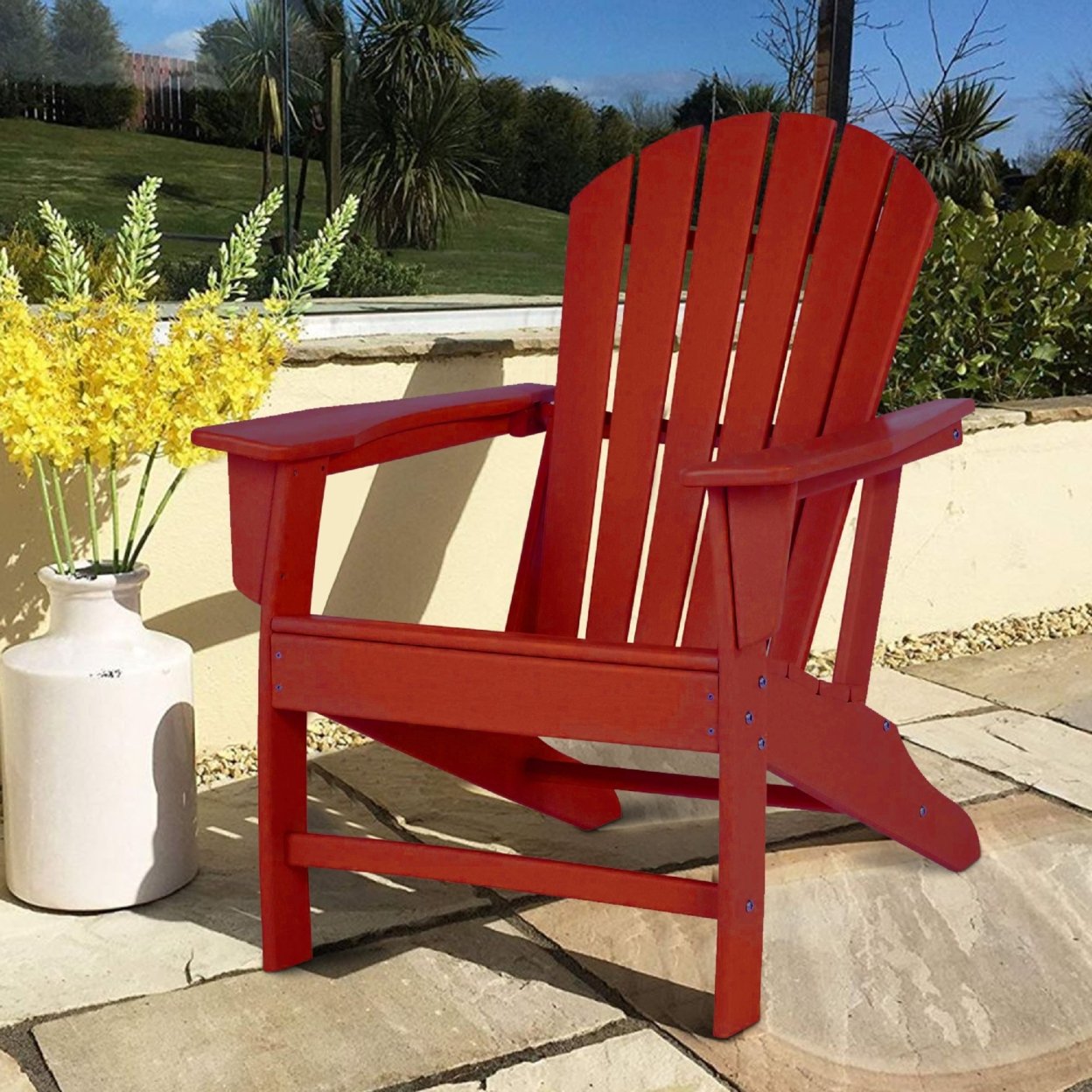 Contemporary Plastic Adirondack Chair With Slatted Back, Red- Saltoro Sherpi