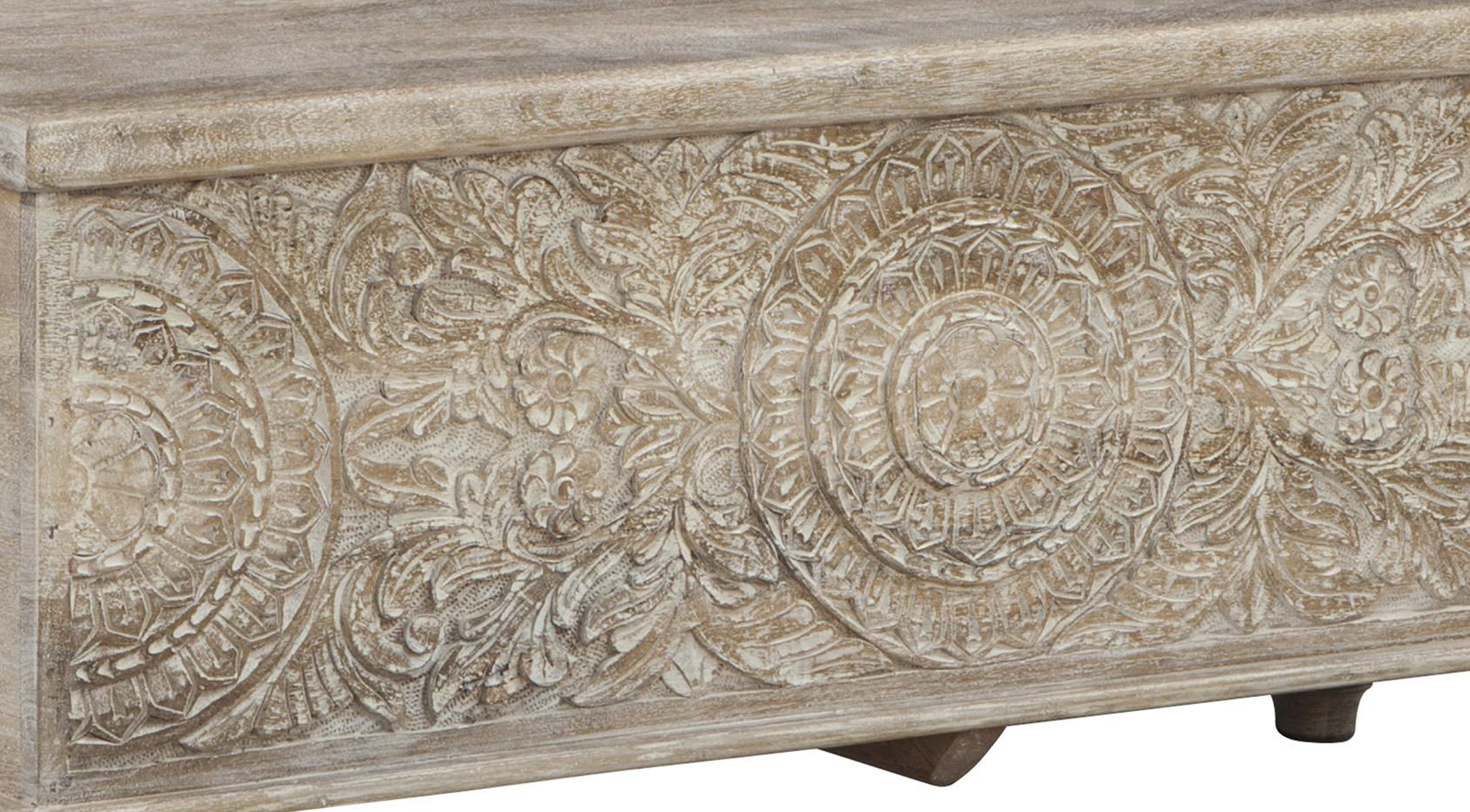 Medallion Pattern Wooden Storage Bench, Hinged Opening, Antique White, Black- Saltoro Sherpi