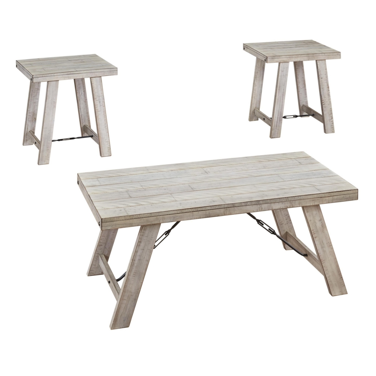 Wooden Table Set With Canted Legs And Tension Bars, Washed White- Saltoro Sherpi