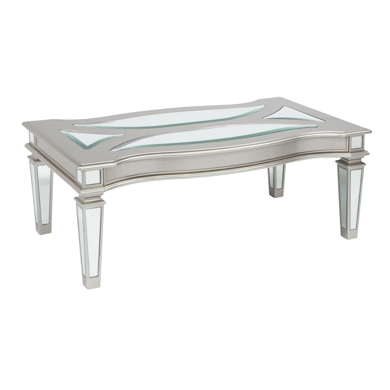 Rectangular Wooden Cocktail Table With Mirror Inserts, Silver- Saltoro Sherpi